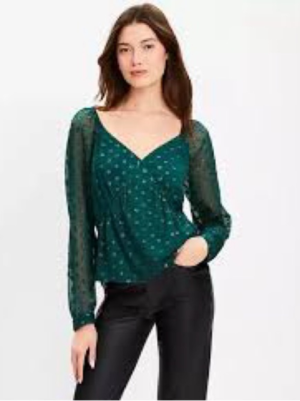 LOFT Emerald Green Sheer V-Neck Long Sleeve Blouse